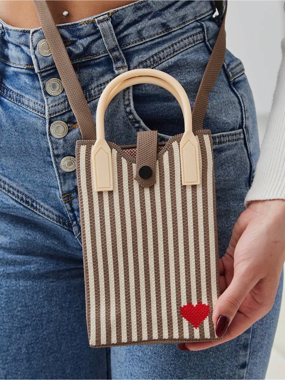 Striped Brown & Cream Mini Crossbody Bag with Red Heart Accent